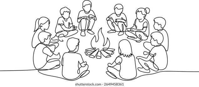 Campfire Gathering A Group Sits Around a Fire Storytelling
