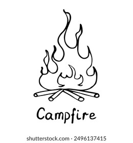 Fogata dibujada a mano en estilo doodle. Fuego de leña. Acampar en la naturaleza. Ilustración de arte de línea de Vector.