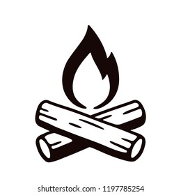 Campfire hand drawn vector illustration, retro style logo. Crossed logs and cartoon fire flame.