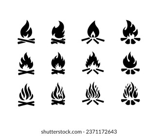 Handgezeichnete Vektorgrafik von Campfire, Logo im Retro-Stil. Überquerte Stämme und Cartoon-Feuer-Flamme.