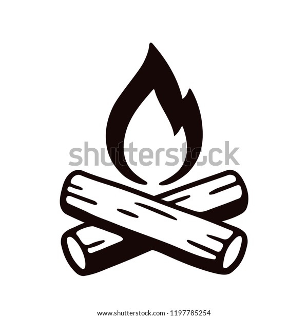Campfire hand drawn vector\
illustration, retro style logo. Crossed logs and cartoon fire\
flame.