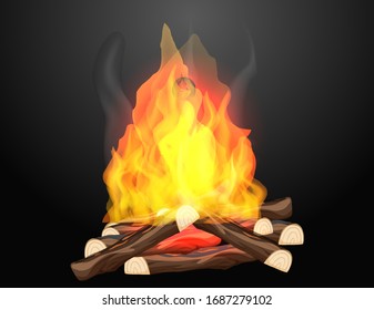 Campfire with hot flames on black background illustration
