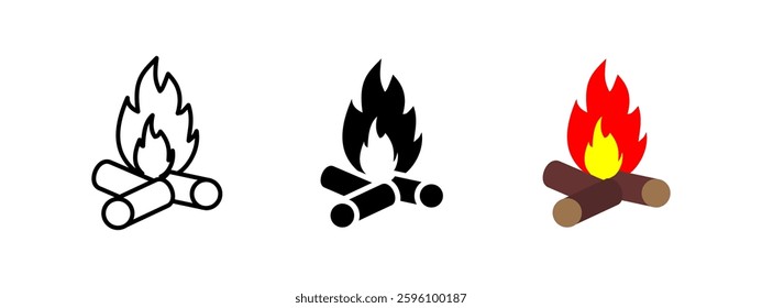 Campfire icon. Burning firewood with flames vector illustration. Outdoor bonfire pictogram. Camping and survival heat source sign. Wilderness and adventure concept.