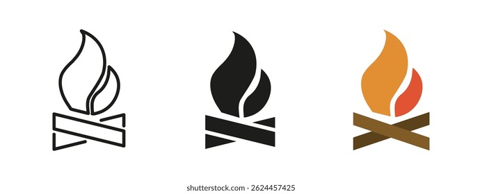 Campfire icon. Burning flame over crossed logs vector illustration. Outdoor fire symbol for camping, survival and wilderness design. Warmth and light pictogram for adventures and forest activities.