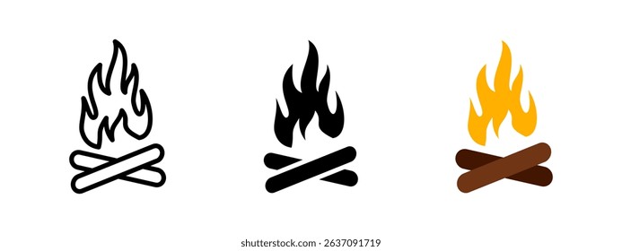 Campfire icon. Burning flame over crossed logs vector illustration. Symbol of outdoor heating, camping, and wilderness survival. Sign of warmth, firewood, and night blaze pictogram.