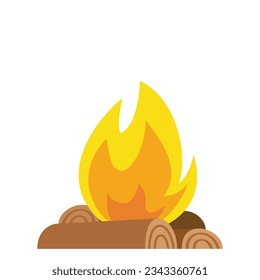 Icono de Fogata. Leña cruzada y llama de fuego en estilo plano. Ilustración del vector