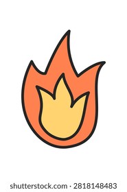 Campfire icon in doodle color style. Camp and fire symbol as outdoor adventure element. Bright orange and yellow detail adds camp spirit, with graphic touch for camp theme collection.