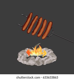 Campfire icon. Grilled smoked sausages on metal camping fork skewers. Hand drawn cartoon style. Base camp fire rocks. Summer outdoor emblem. Campsite BBQ sign. Template for Barbecue banner background