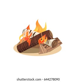 Campfire Icon. Hand Drawn Cartoon Style. Base Camp Night Bonfire Wood Logs Burning In Flame Isolated On White. Outdoor Campsite Sign. Bonfire Beach Party. Vector Template For Camping Banner Background