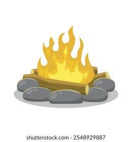Campfire icon on white background. Fire, wood and stones. Camping symbol.