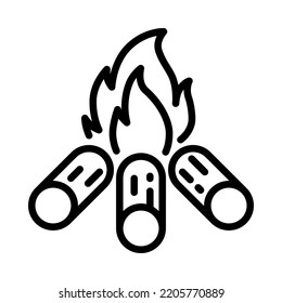 Campfire icon. Outline design. Fire wood, Campfire, Bonfire, Fire burning wooden logs isolated on white background. For presentation, graphic design. Vector Illustration.