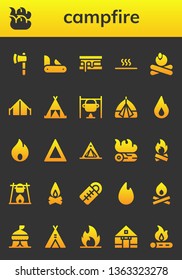 campfire icon set. 26 filled campfire icons.  Collection Of - Ax, Fire, Penknife, Smore, Hot, Campfire, Tent, Bonfire, Sleeping bag