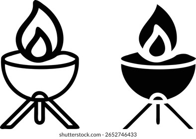 Conjunto de iconos de fogata: símbolo de pozo de fuego de Vector blanco y negro para acampar, exteriores y diseño de aventuras
