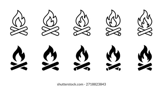 Conjunto de ícones Campfire. Fogueira com símbolo de toras queimadas. Camping e conceito ao ar livre. Incêndio para caminhadas, sobrevivência, aventura, viagens de natureza e projetos de design turístico.