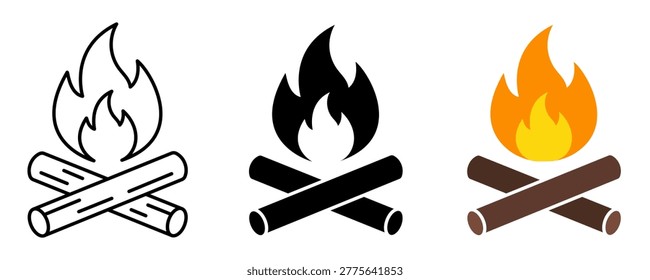 Campfire Icon Set Bonfire and Firewood Vector Illustrations. Bonfire Icon Set Campfire Symbols in Outline, Solid and Color Styles. Firewood Campfire Icons Outdoor Camping Illustration Pack. Editable stroke