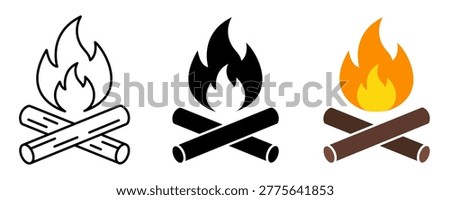 Campfire Icon Set Bonfire and Firewood Vector Illustrations. Bonfire Icon Set Campfire Symbols in Outline, Solid and Color Styles. Firewood Campfire Icons Outdoor Camping Illustration Pack. Editable stroke