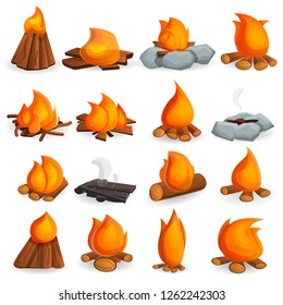 Campfire icon set. Cartoon set of campfire vector icons for web design