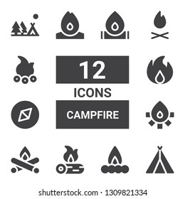 campfire icon set. Collection of 12 filled campfire icons included Tent, Campfire, Firewood, Fire, Adventure, Bonfire, Camping