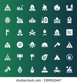 campfire icon set. Collection of 36 filled campfire icons included Camp, Fire, Campfire, Flame, Ax, No fire allowed, Tent, Adventure, Scout, Bonfire, Sleeping bag, Raft, Camping