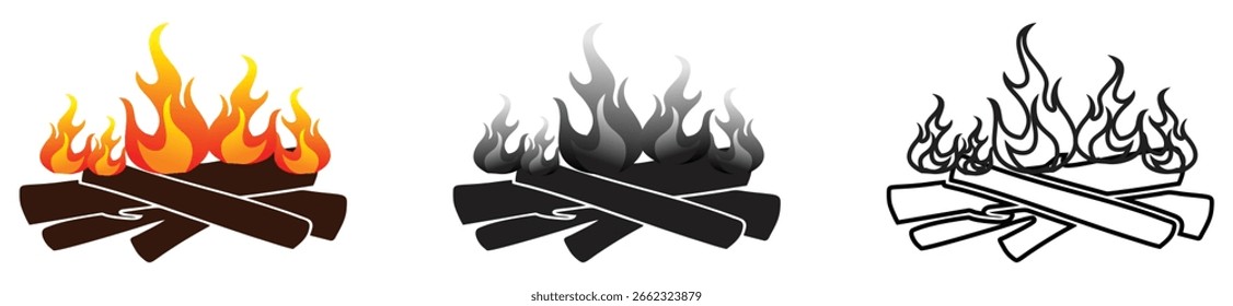 Campfire Icon Set mit Farb-, Graustufen- und Umrissvarianten.