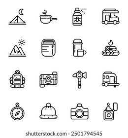 Campfire icon set. Includes backpack, caravan, lighter, mountain, sleeping bag, camping tent, and More. Outline icons vector collection.