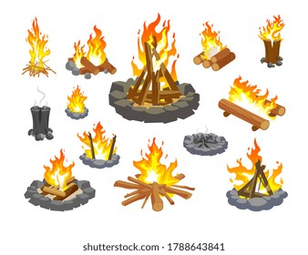 Juego de iconos de fuego. Colección de iconos aislados de la llama de fuego de caricaturas. Fuego forestal con leña quemada y humeante. Leña de fuego de vectores