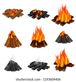 Campfire icon set. Realistic set of campfire vector icons for web design isolated on white background