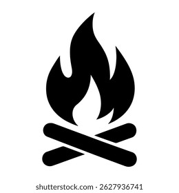Campfire Icon with Stylized Flames and Crossed Logs – Minimalist Representation of Outdoor Camping, Warmth, and Survival Concepts