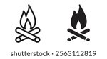 Campfire icons in black line and filled versions