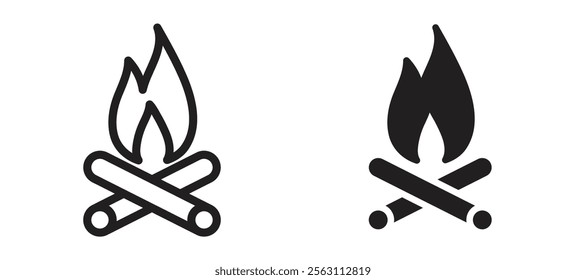 Campfire icons in black line and filled versions