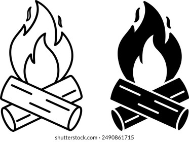 Campfire icons. Black and White Vector Tourist Campfire Icons. Fire and Brushwood. Camping Concept