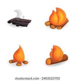 Iconos de Fogata configuran el vector de caricatura. Quema y extinción de incendios. Bomba