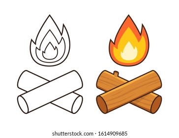 Campfire icons set. Crossed logs and fire flame. Vector illustration.