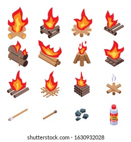 Campfire icons set. Isometric set of campfire vector icons for web design isolated on white background
