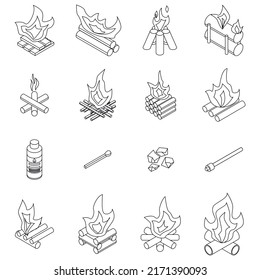 Campfire Icons Set. Isometric Set Of Campfire Vector Icons Outline Isolated On White Background