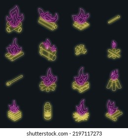 Campfire icons set. Isometric set of campfire vector icons neon color on black