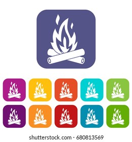 Campfire icons set vector illustration in flat style in colors red, blue, green, and other