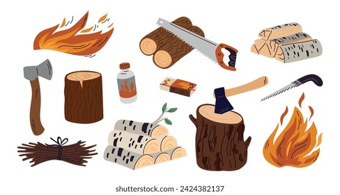 Campfire ignition elements. Wooden logs. Brushwood bundle. Lumber cutting tools. Firewood stacks. Axe and saw. Box matches. Fire flame burn. Natural timber. Tree stump