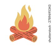 Campfire illustration in retro flat style. Burning fire with wooden logs. Outdoor camping element for hiking, survival and forest adventure design. Minimal vector illustration with warm earthy colors.