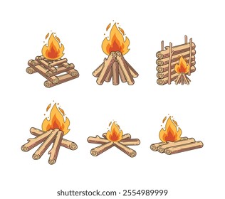 Campfire. Illustration set of different types of campfires on a white background. Illustration Camping.