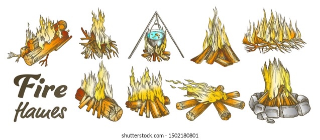 Campfire Ink Collection Set Vector. Forest Burning Firewood For Cooking Soup Meal. Warming Camping Tourist Campsite Light Element Hand Drawn In Vintage Style Color Illustrations