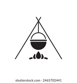 Diseño de icono de fogata y hervidor, aislado sobre fondo blanco, Ilustración vectorial