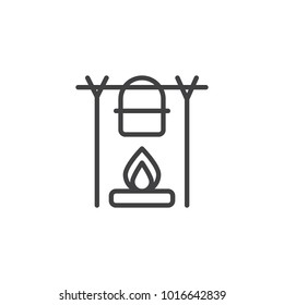 Campfire and kettle line icon, outline vector sign, linear style pictogram isolated on white. Pot over the campfire symbol, logo illustration. Editable stroke