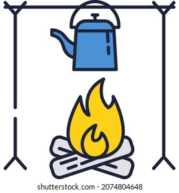 Campfire with kettle pot icon vector isolated on white background. Food cooking on outdoor camp bonfire. Concept of adventure, travel and tourism