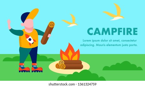 Campfire Landing Page with Place for Text and Cartoon Boy Holding Log Make Bonfire Instruction Travel Agency Homepage Vector Fire Danger Warning Illustration Outdoors Activities Family Recreation