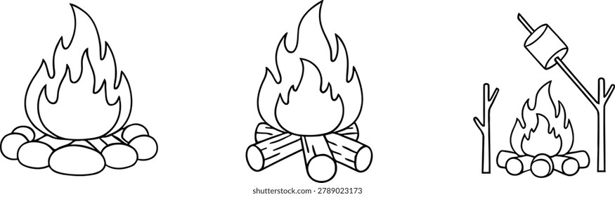Campfire line art icon collection with logs stones marshmallow roasting stick
