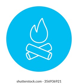 Campfire line icon for web, mobile and infographics. Vector white icon on the light blue circle isolated on white background.