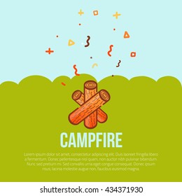 Campfire linear icon in modern style. Tourist campfire with firewood. Flame logo concept. Vector silhouette burning symbol on green background.