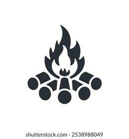 Campfire lit with wood logs flat icon. Camping trip. Vector illustration