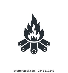 Fogueira iluminada com madeira logs ícone plano. Viagem de acampamento. Ilustração vetorial